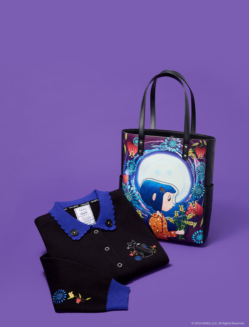 Purple background with Loungefly Laika Coraline collection