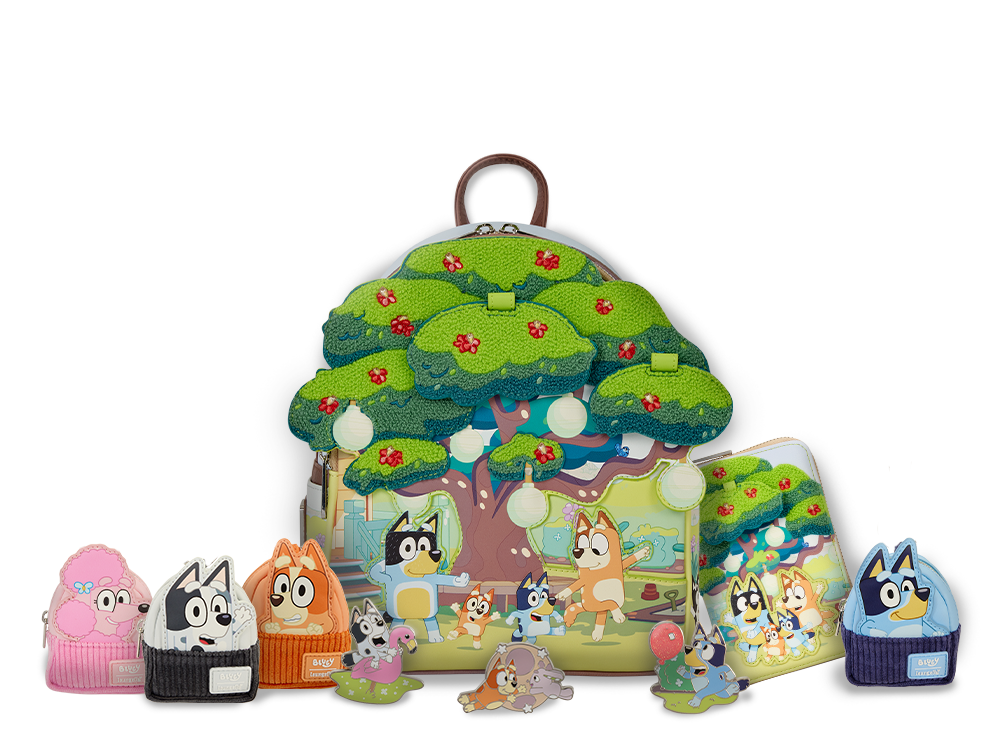 Bluey Loungefly collection featuring mini backpack and backpack charms