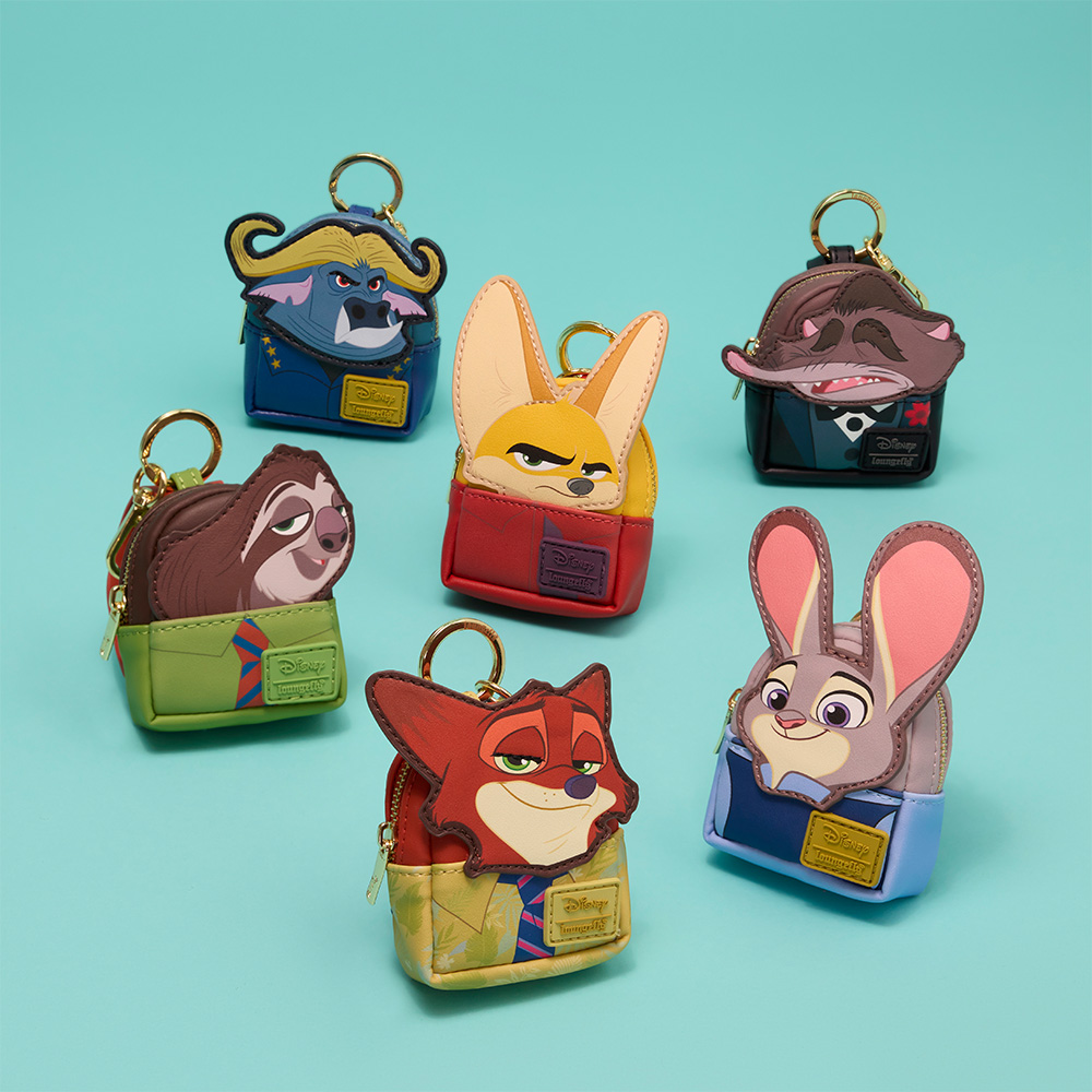 Teal background with selection of Disney Zootropolis 2 keychain bags