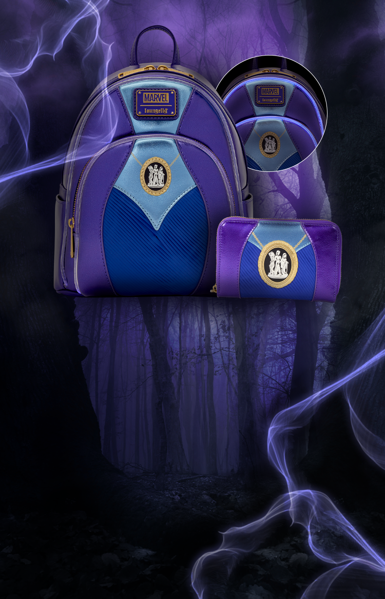 Marvel Loungefly purple and blue backpack and wallet with gold detailing, displayed against a dark mystical forest background.