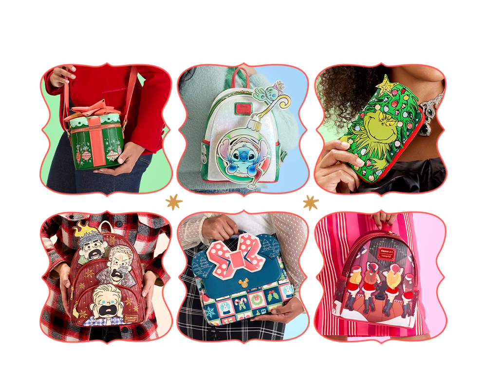 Models wearing a selection of Christmas Loungefly bags