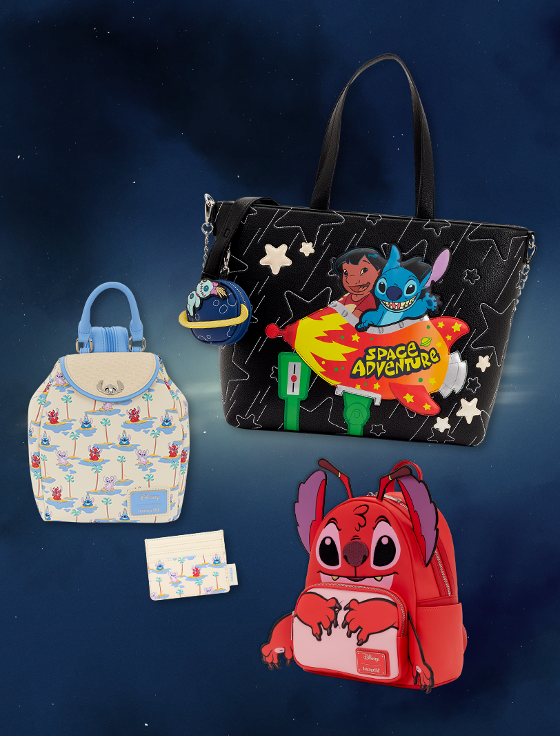 Dark sky background with selection of Disney Lilo and Stitch accessories in the foreground