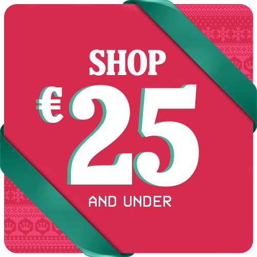 Red square with Ugly Christmas Sweater pattern and Green ribbons featuring "Shop $20 and Under" holiday gifts text