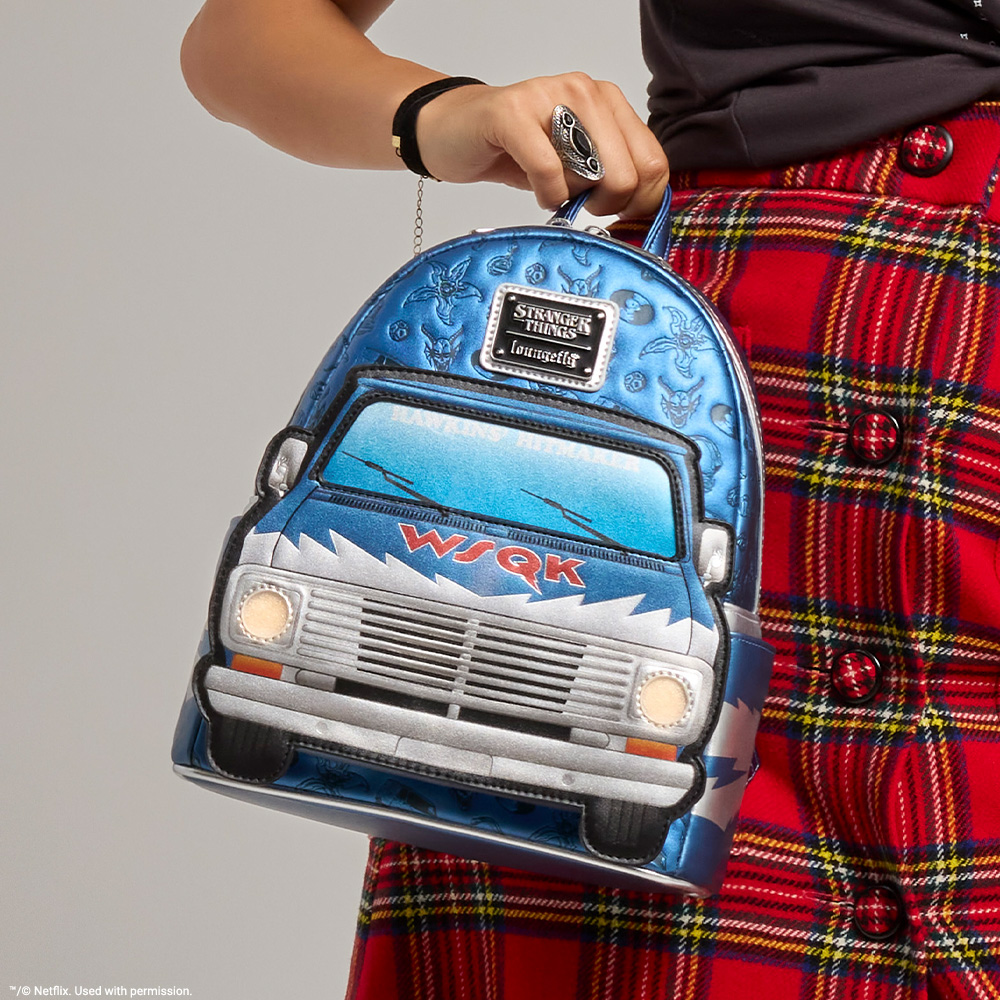 Model showcasing close up of Stanger Things backpack