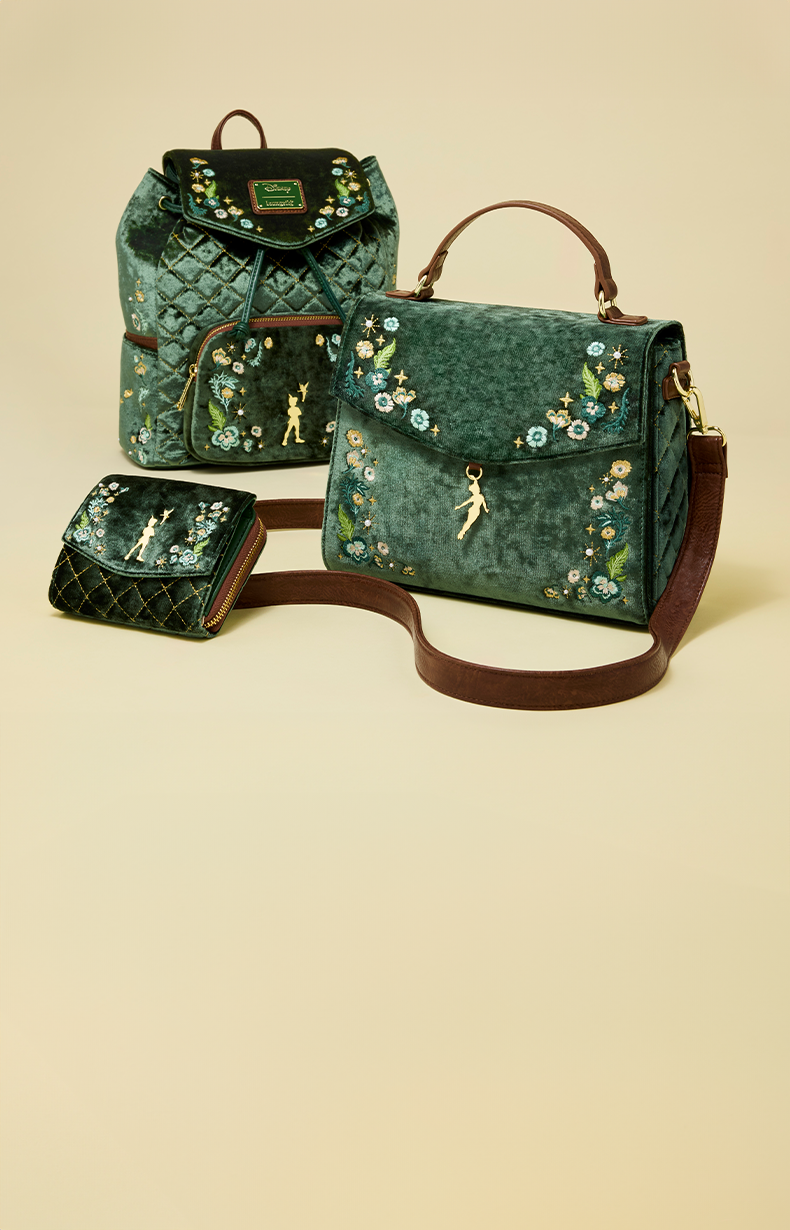 green background with selection of Loungefly Peter Pan accessories