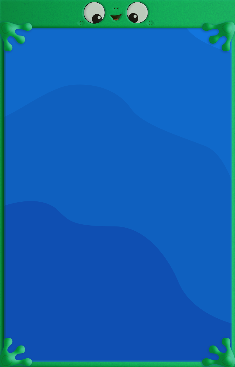 Playful cartoon frog peeking over a blue rectangular frame with green borders and frog feet in each corner