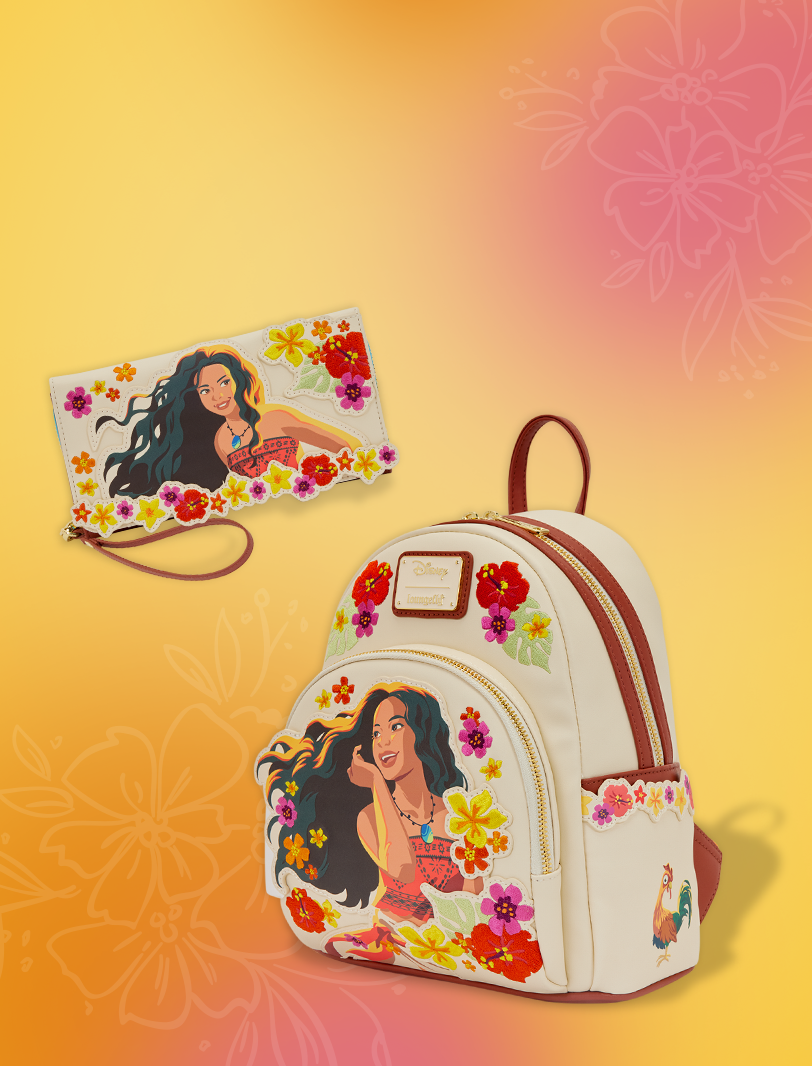 Orange and yellow gradient background with Disney Moana backpack and wallet in the foreground