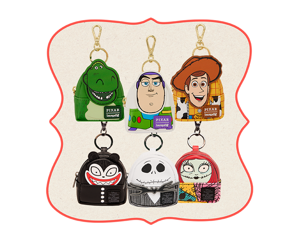 Orange holiday border featuring Loungefly Mystery Blind Box Mini Backpack Keychains with styles inspired by Toy Story and Nightmare Before Christmas