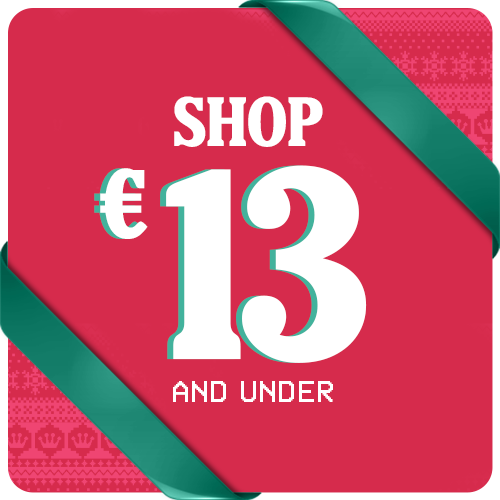 Red square with Ugly Christmas Sweater pattern and Green ribbons featuring "Shop $10 and Under" holiday gifts text