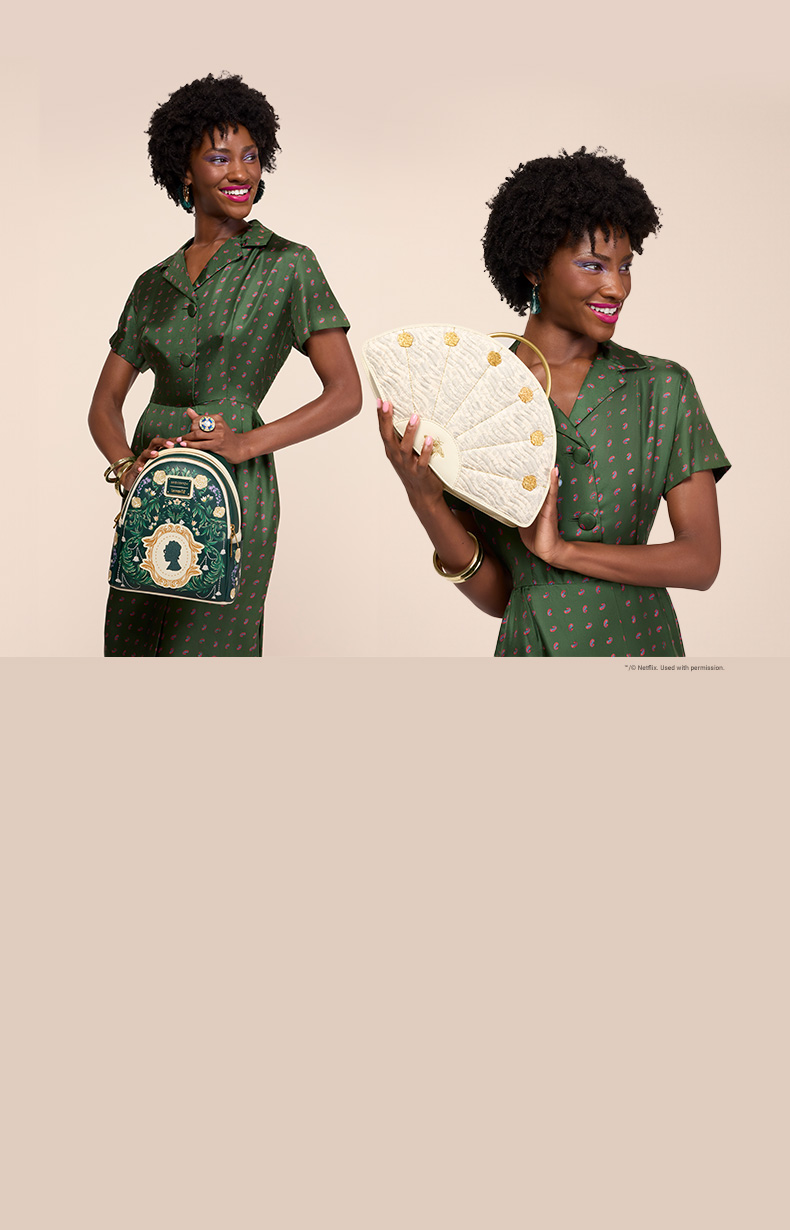 Neutral background with model showcasing Loungefly Bridgerton accessories