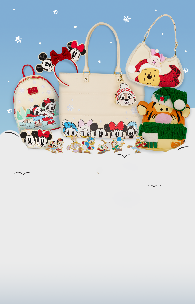 Disney Loungefly winter bags and accessories featuring Mickey and Minnie Mouse, Winnie the Pooh, Tigger and other festive characters