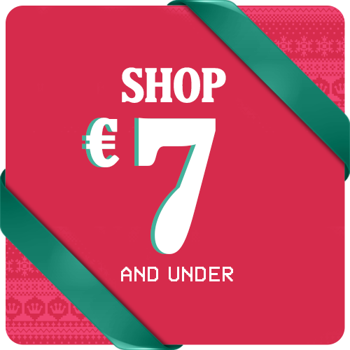 Red square with Ugly Christmas Sweater pattern and Green ribbons featuring "Shop $5 and Under" holiday gifts text