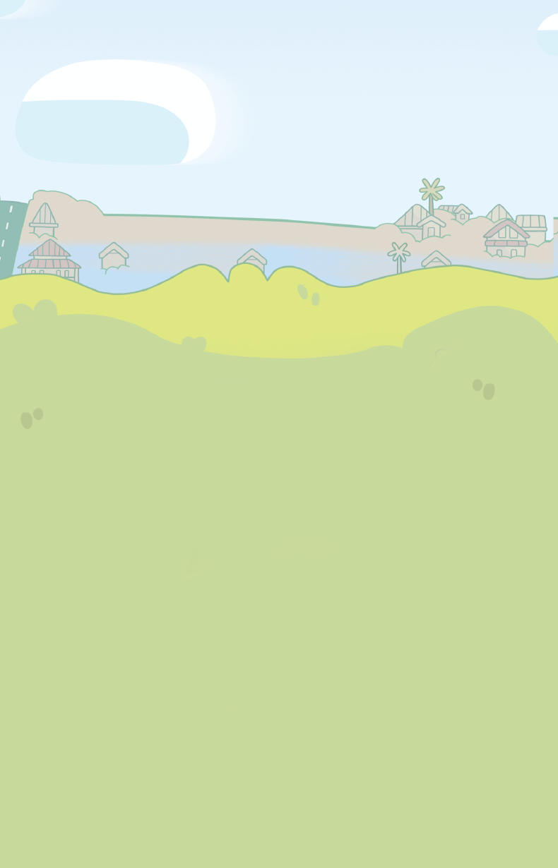 Pastel illustrated landscape with blue sky, clouds, green hills and a whimsical coastal village in the background