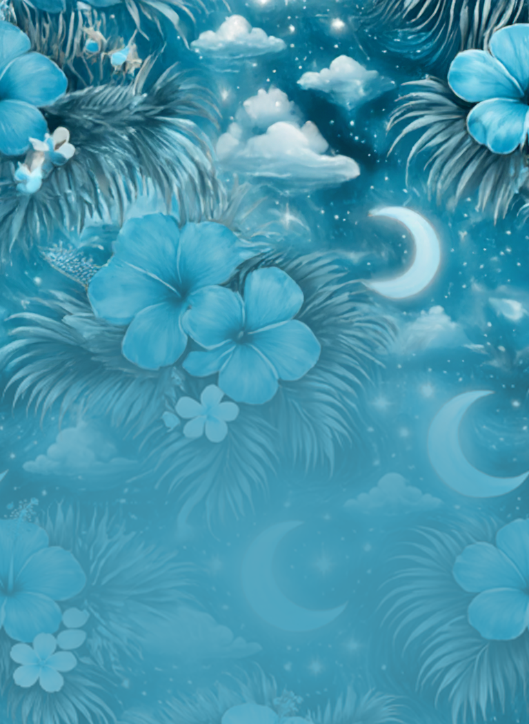 Blue Hawaiian print with flowers, stars and moons