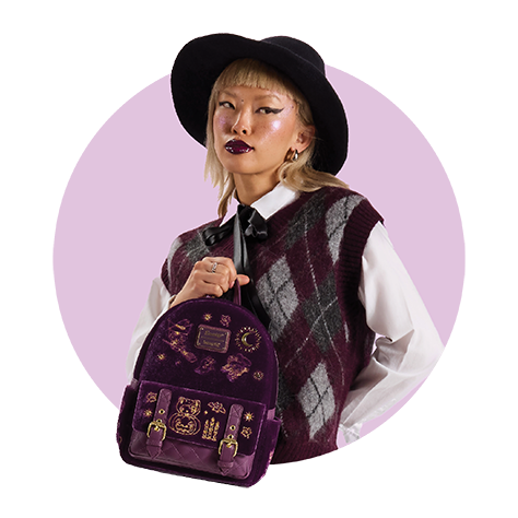 Circle-cropped photo with Purple background and model showcasing Loungefly Sanrio Halloween Velvet Mini Backpack exclusive