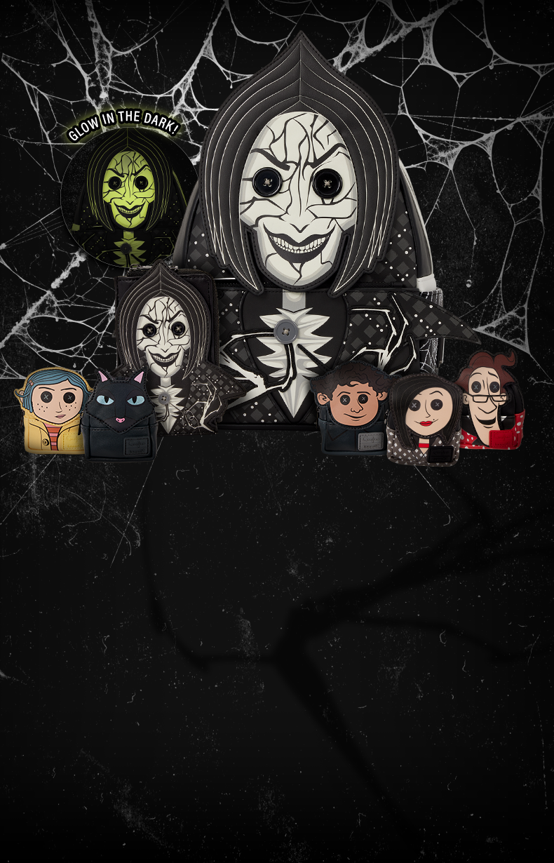 Coraline Loungefly bags featuring Coraline, the Other Mother and other characters on a spiderweb background.