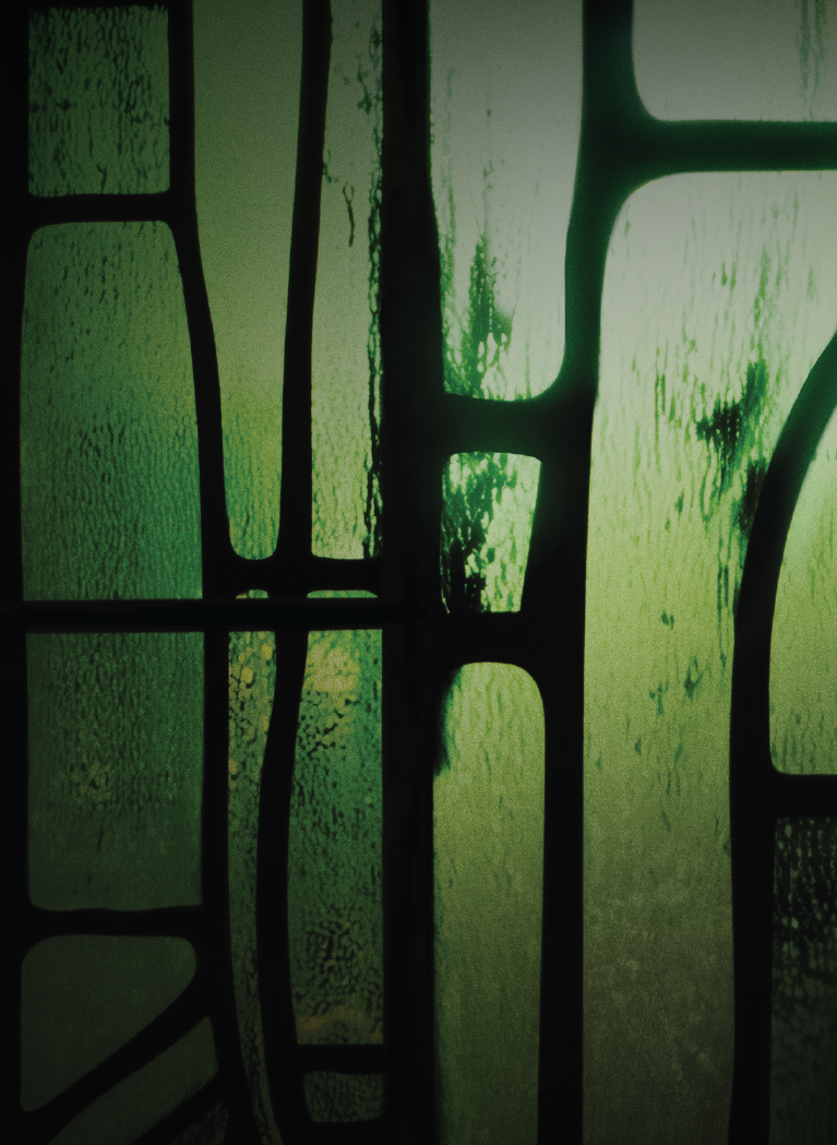 Abstract dark geometric grid over a textured green background with layered organic shapes