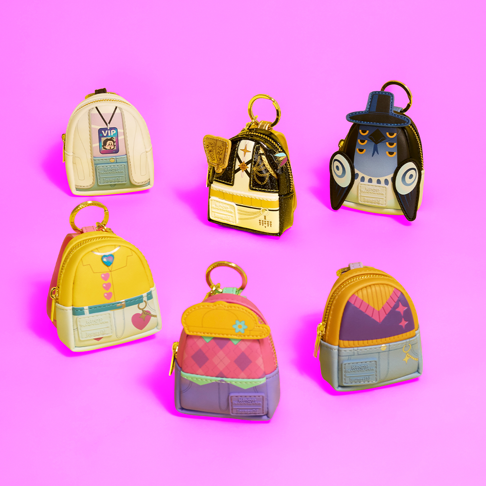 Purple background with selection of Kpop Demon Hunters keychain bags