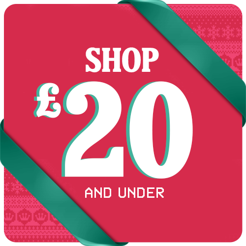 Red square with Ugly Christmas Sweater pattern and Green ribbons featuring "Shop $20 and Under" holiday gifts text