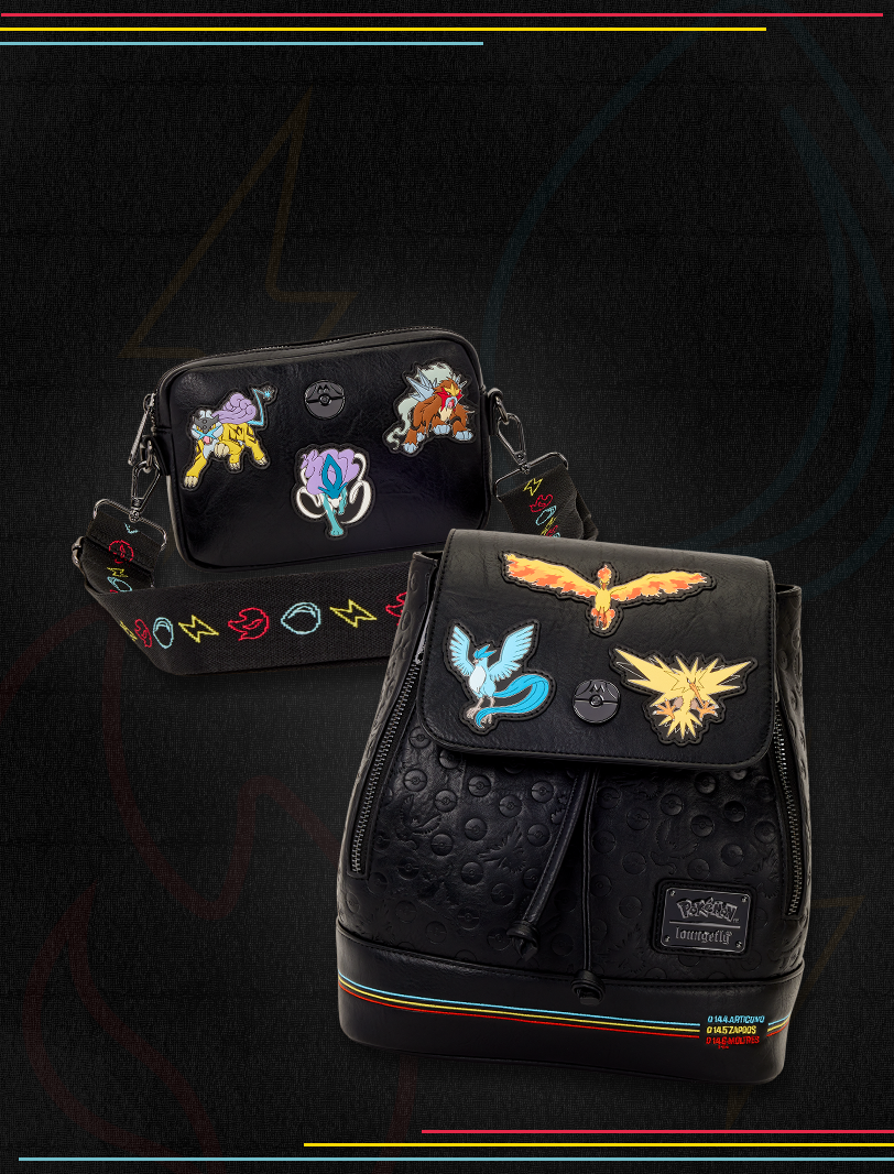Loungefly Pok&eacute;mon black mini backpack and crossbody bag featuring embroidered legendary Pok&eacute;mon patches including Moltres, Articuno, Zapdos, Raikou, Suicune, and Entei.