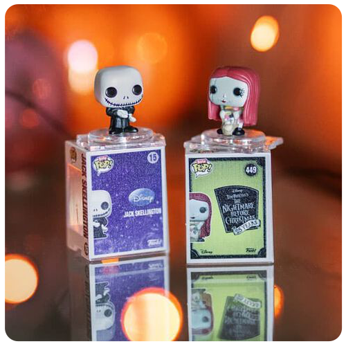 Orange bokeh background featuring Funko Bitty POP! Disney Nightmare Before Christmas 2-Pack