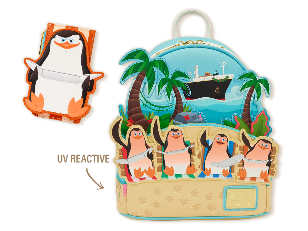 Dreamworks Madagascar Penguins Beach Loungefly Mini Backpack and wallet