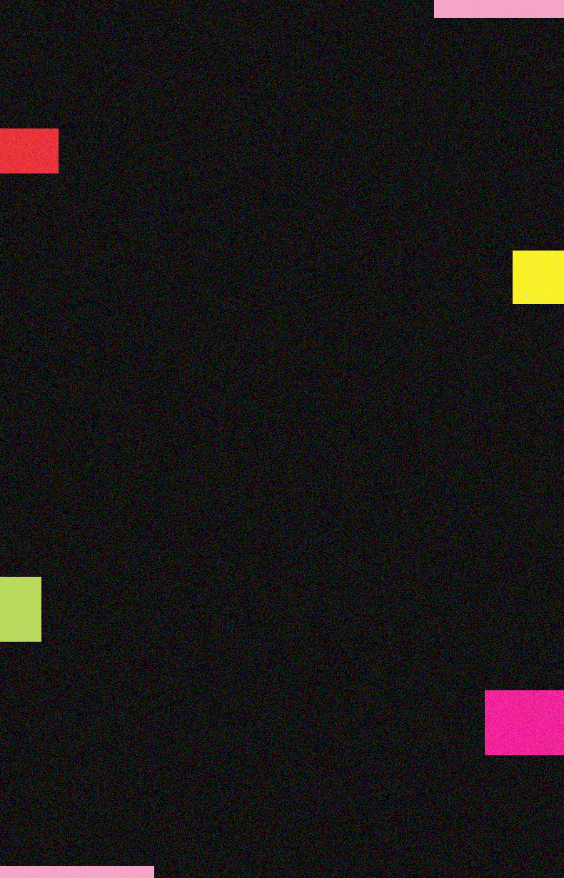 Black textured background with colorful geometric blocks in pink, yellow, green, and orange positioned around the edges in a modern, playful design.
