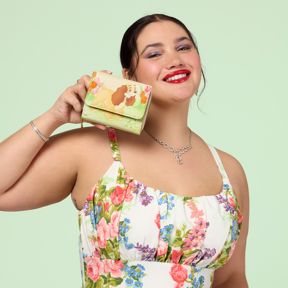 model showcasing Loungefly Lady and the Tramp Wallet
