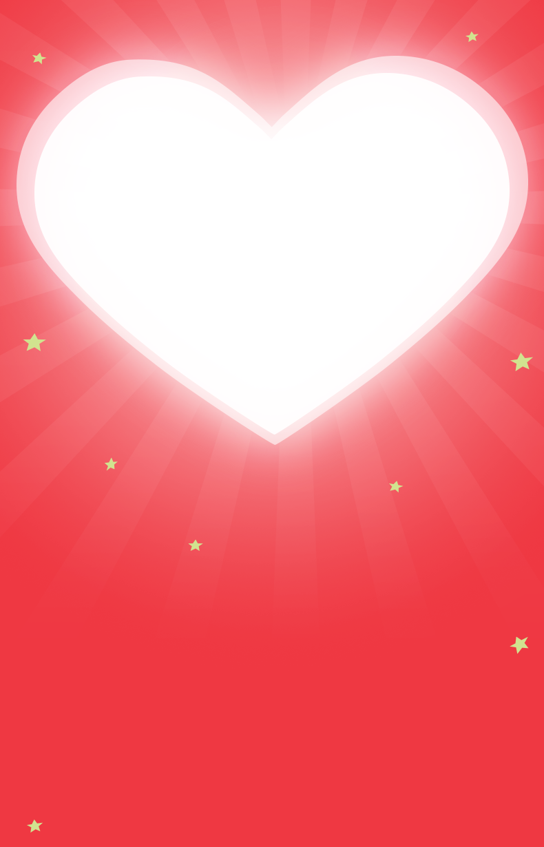 Bright red background featuring a large white heart with radiant light beams and scattered yellow stars