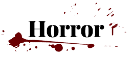 Black text spelling our Horror and blood splatters