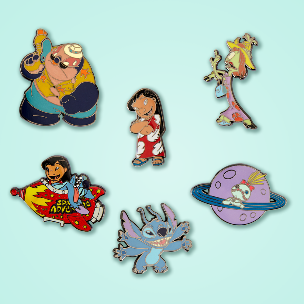 Teal background featuring Loungefly Disney Lilo & Stitch enamel pins