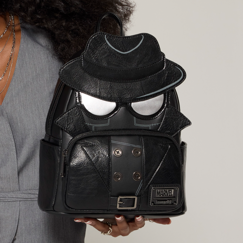 Gray background featuring Loungefly Marvel Spider-Noir Cosplay mini backpack