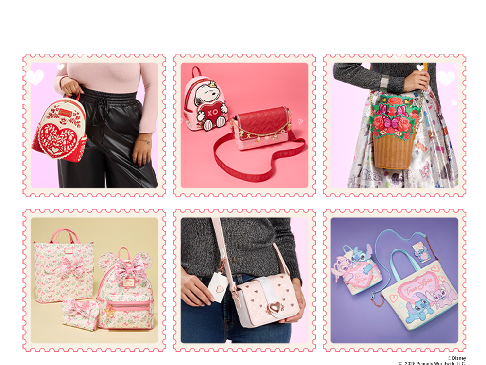 Pink stamp border featuring Loungefly Valentine's Day collection with styles inspired by Peanuts, Minnie Mouse and more!