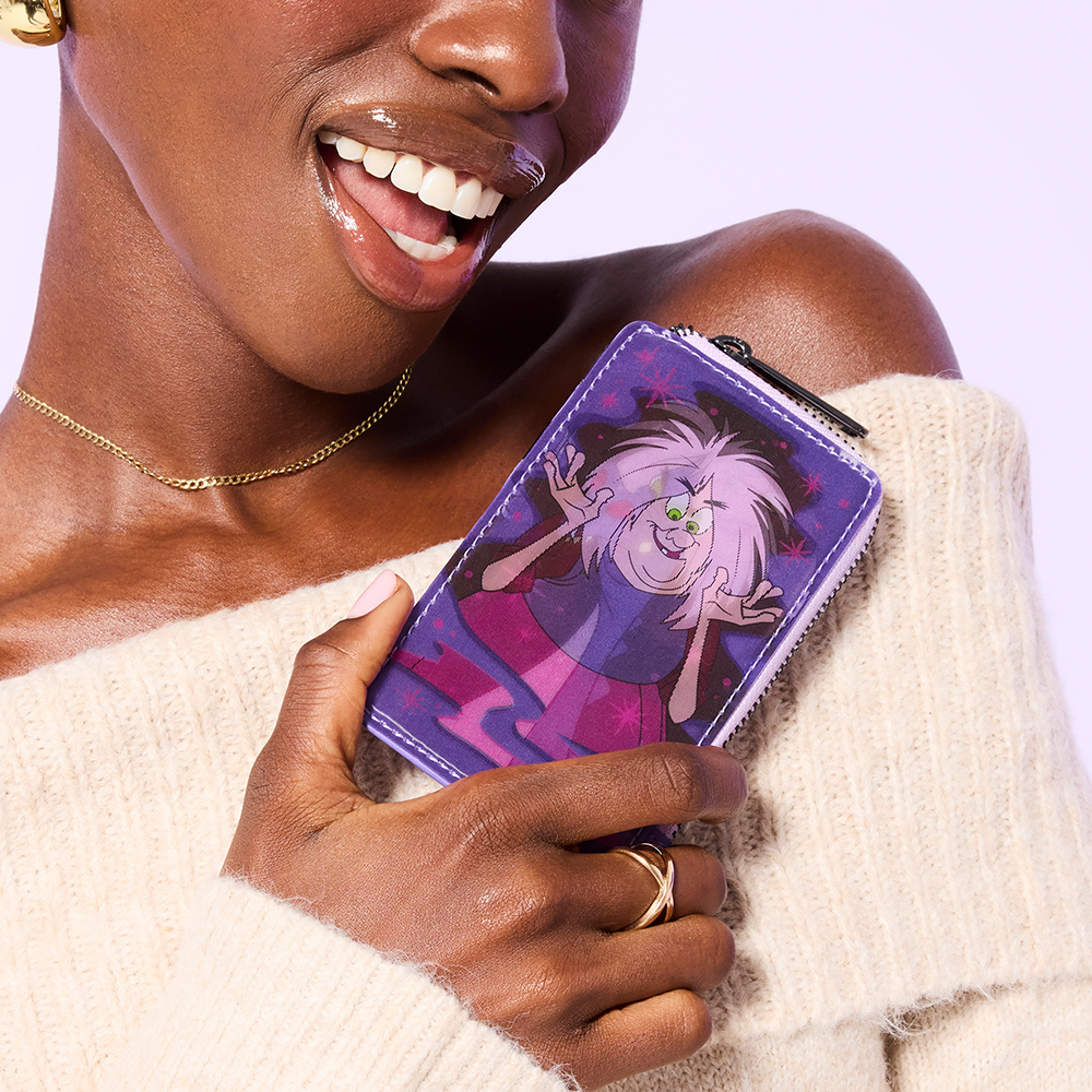 Purple background with model showcasing Loungefly Disney Madam Mim wallet