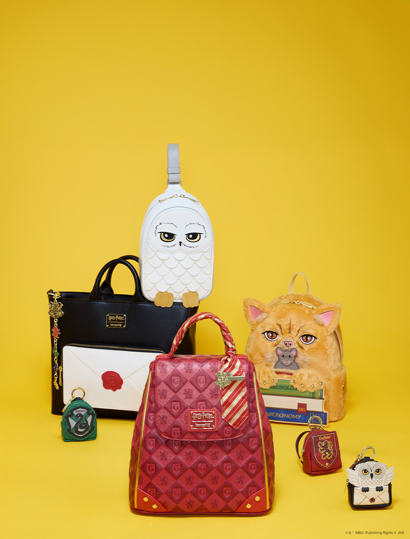 Yellow background featuring Loungefly Harry Potter collection