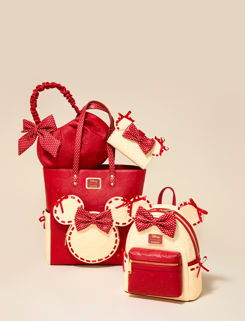 Tan product background featuring Loungefly Disney Minnie Rocks to the Dots collection