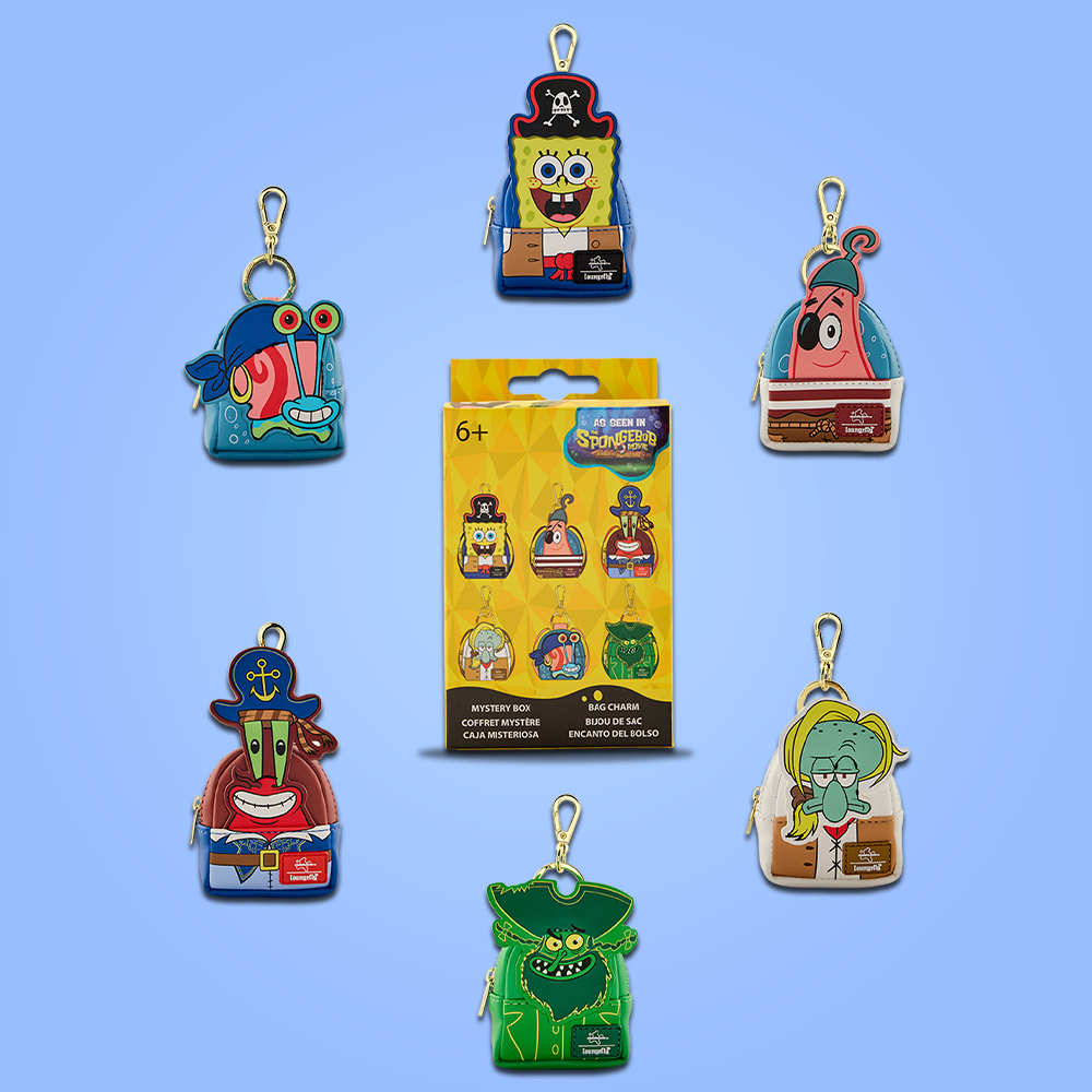 Blue background featuring Loungefly Nickelodeon Spongebob Squarepants Mystery Mini Backpack Keychains