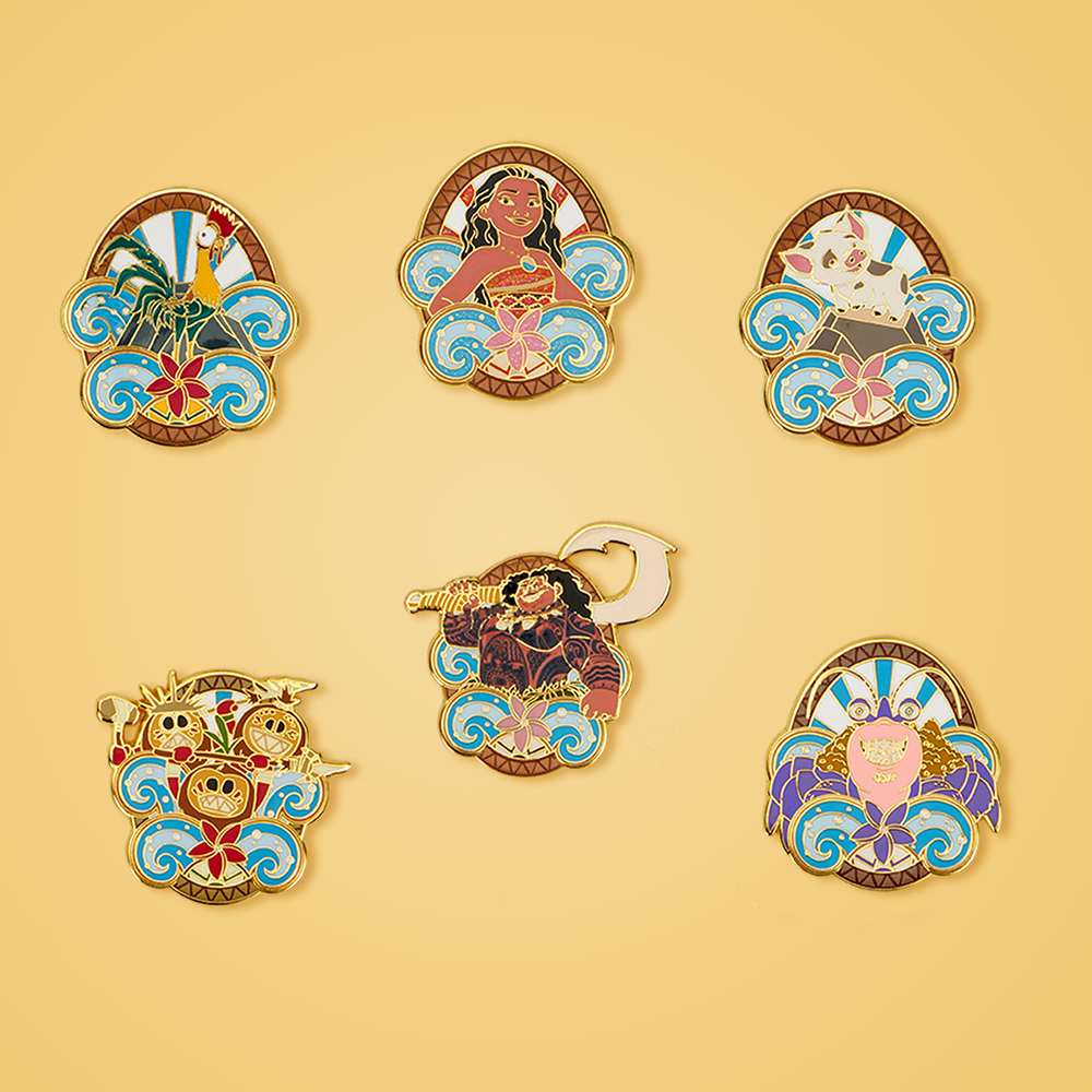 Tan background featuring Loungefly Moana Enamel Pins