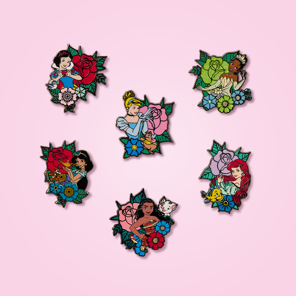 Pink background featuring Loungefly Disney Princesses mystery enamel pins