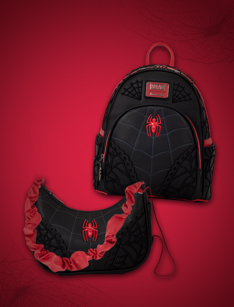 Dark red background featuring Loungefly Marvel Spider-Man Brand New Day collection