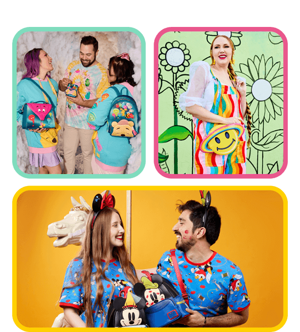 Pastel colored background with images of models holding Loungefly accessories