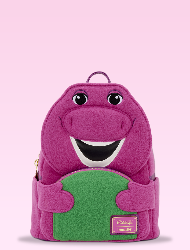 Light Purple product background featuring Loungefly Barney Mini Backpack
