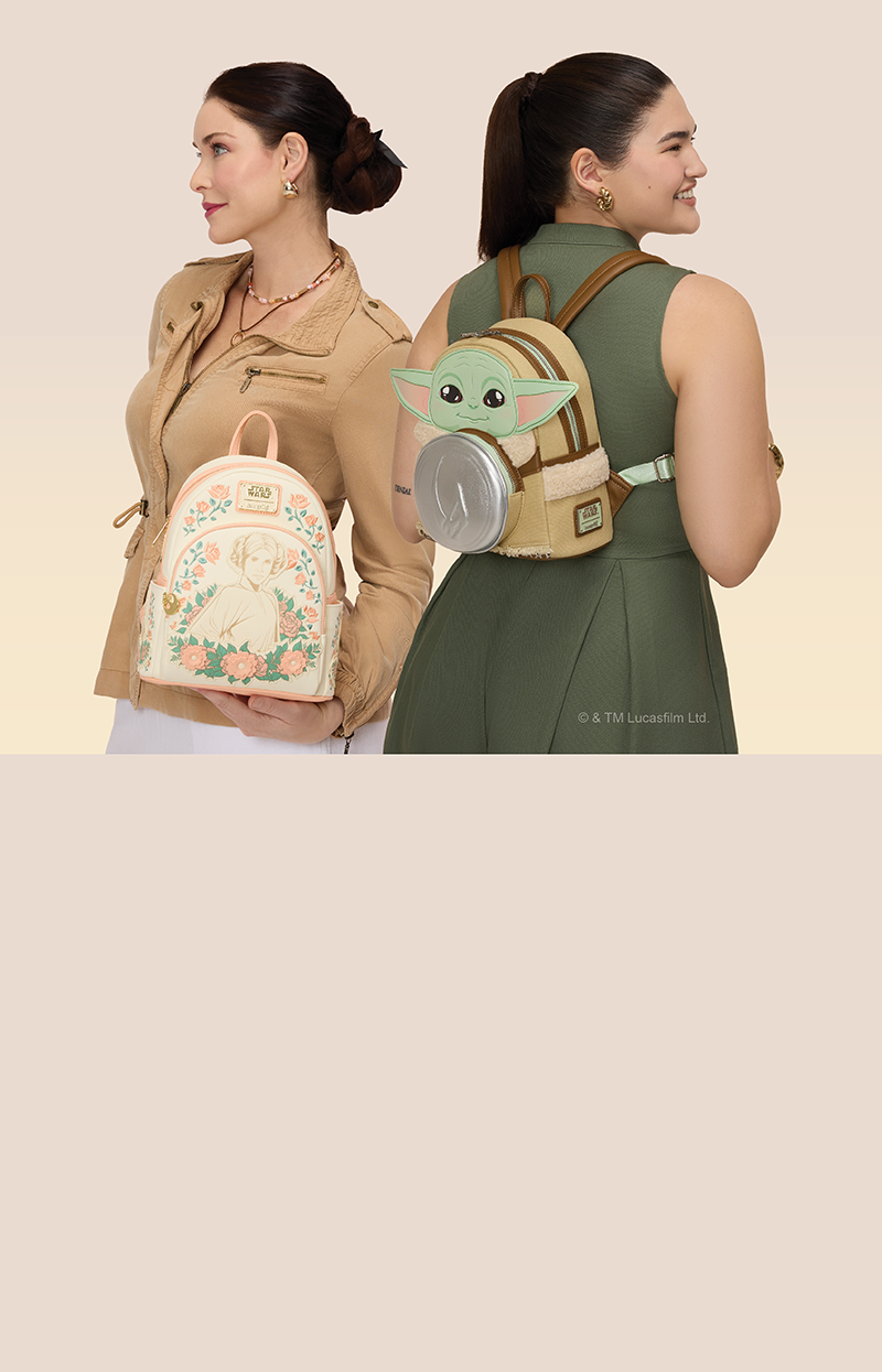 Tan background with models showcasing Loungefly Star Wars collection