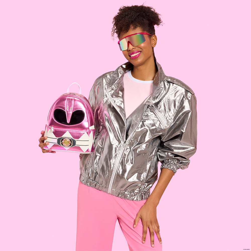 Pink background with model showcasing Loungefly Power Rangers mini backpack