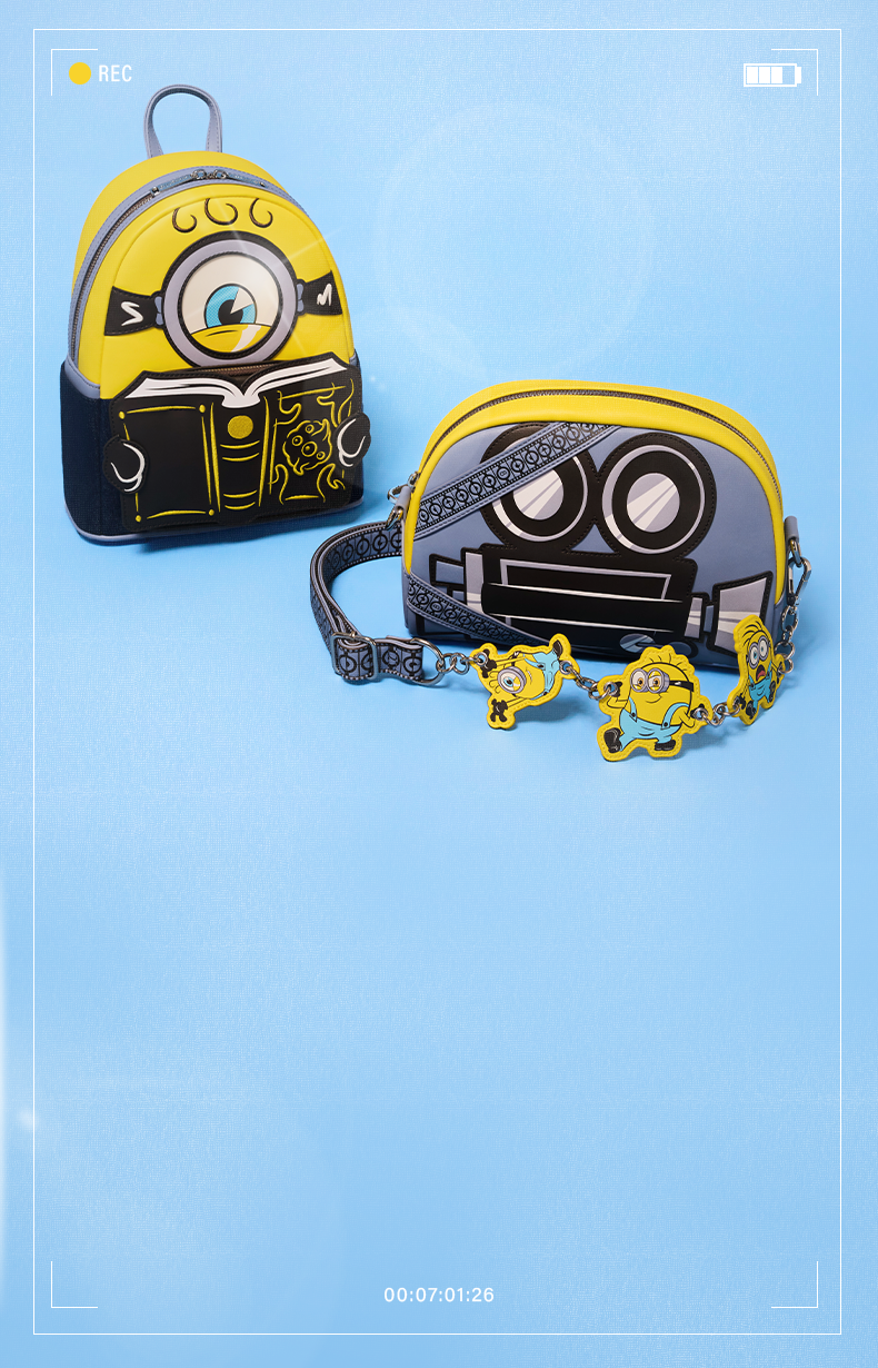 Blue background featuring Loungefly Illuminations Minions & Monsters collection with camcorder border