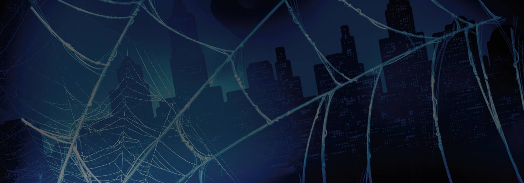 Dark background featuring cartoon city skyline and spider web