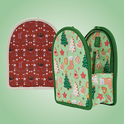 Green background featuring Loungefly holiday mini backpack insert organizers