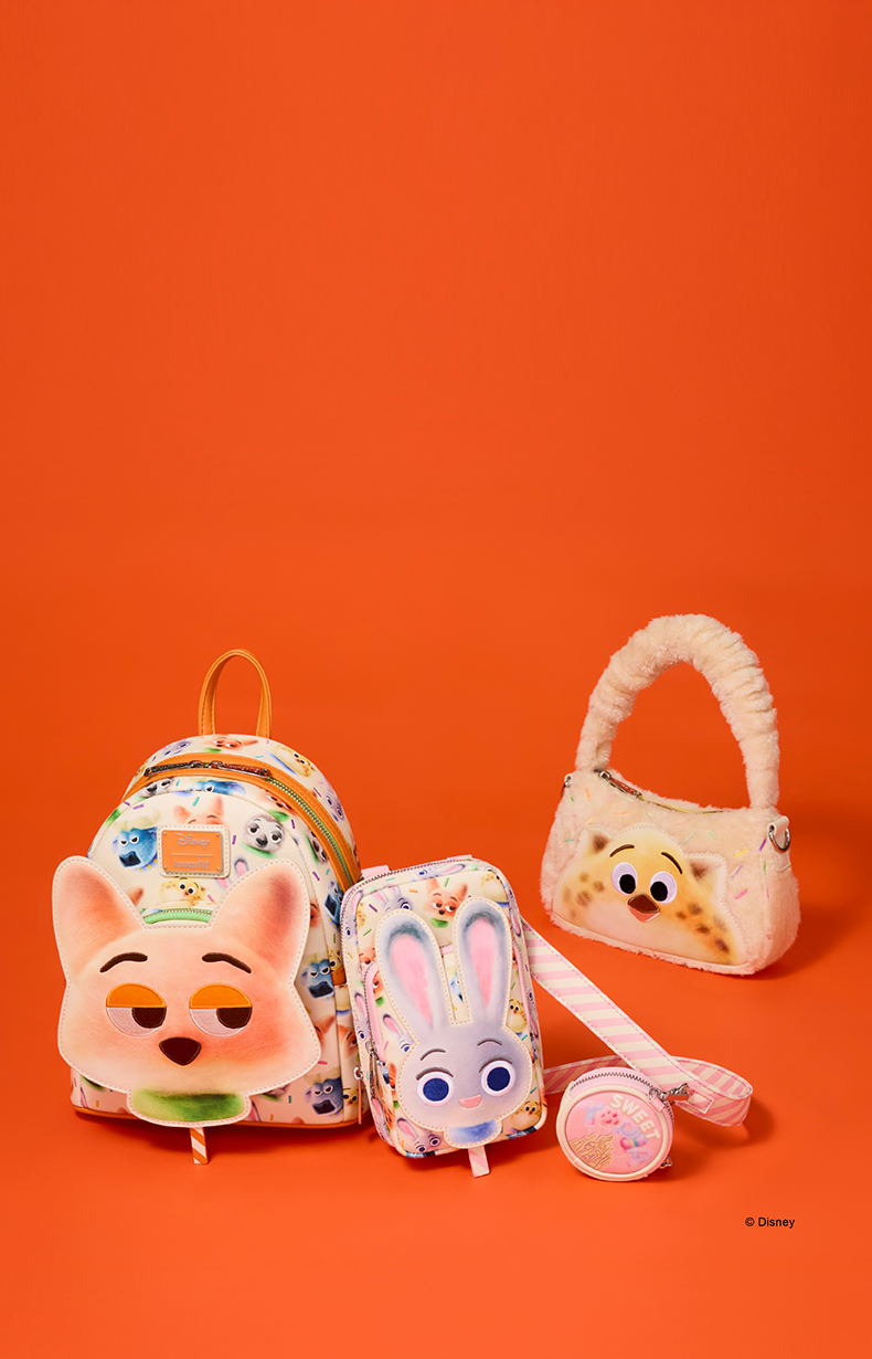 Orange product background featuring Loungefly Disney Zootopia 2 collection