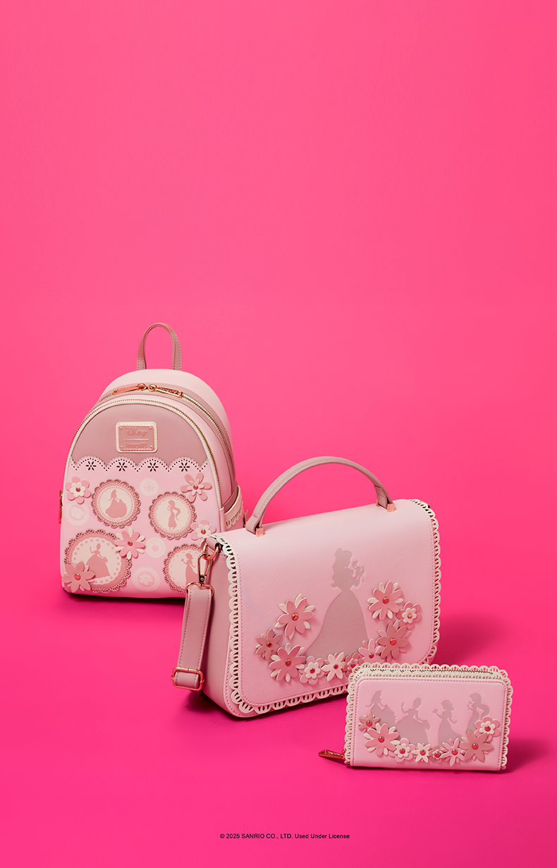 Pink product background featuring Loungefly Disney Princess Silhouette collection