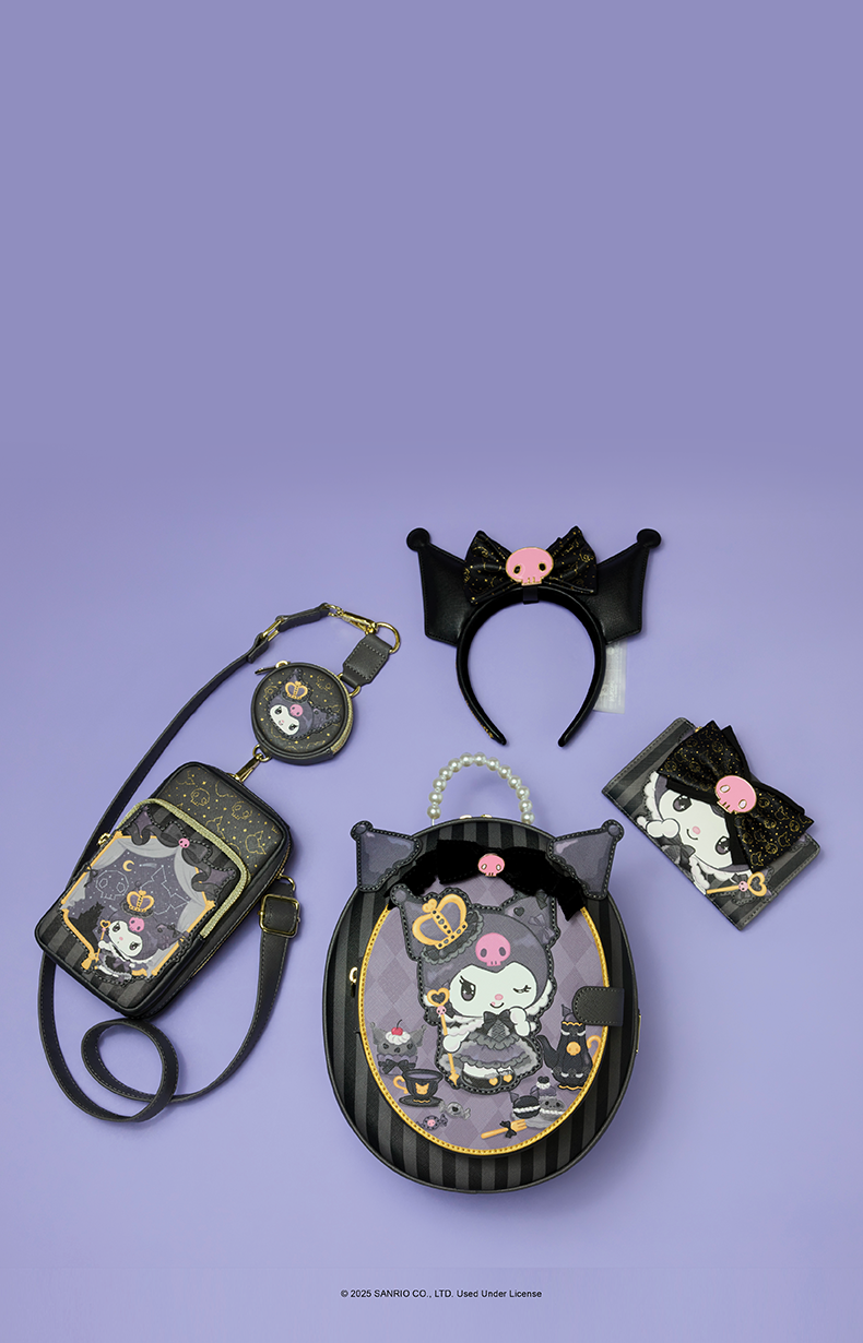 Purple product background featuring Loungefly Sanrio Kuromi 20th Anniversary collection